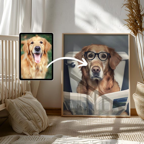 Dog Bathroom Art, Funny Bathroom Poster, Dog in Toilet, Dog Reading Newspaper on Toilet, Pet Owner Gift, Custom Pet Portrait