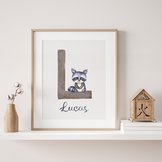 Raccoon Poster | Custom Nursery Sign | Newborn Name Sign | Raccoon Wall Art | Woodland Name Sign | Blue Animal Print | Custom Printable
