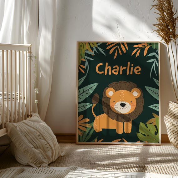 Personalized Lion Wall Art with Name | Jungle Theme Decor | Lion Custom Name | Gift with Custom Name for Kids | Children Room Decor