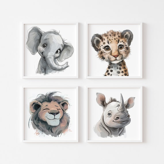 Safari Animals Printable Set - Nursery decor - Leopard, Elephant, Leopard and Rhino - Instant Download - Set of 4 Digital Prints