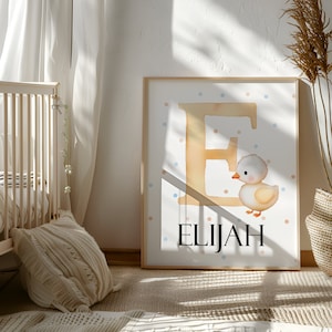 Letrero con nombre de pato para guardería, letrero con nombre personalizado, letrero con nombre de animal con estampado de pato, decoración de pared con inicial, lindo estampado de animal, decoración para habitación de niño pequeño