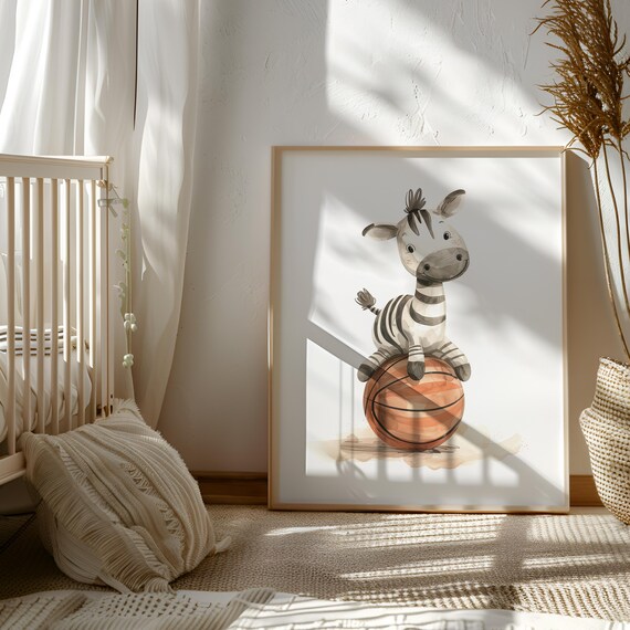 Basketball Artwork for Toddler Room - Basketball Lover Gift - Zebra Playroom Wall Art - Basketball Zebra Digital Download - Basketball Theme