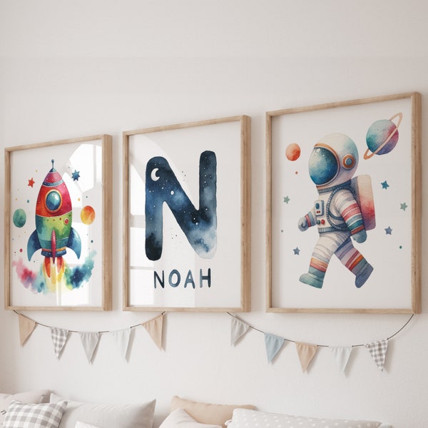 Personalized Nursery Space Theme Posters - Babies, Toddlers and Children - Astronaut, Spaceship and Custom Name and Letter - Set of 3 Prints