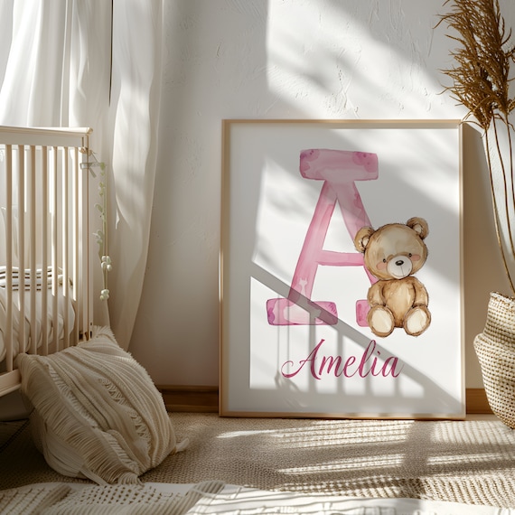 Custom Teddy Bear Wall Art | Baby Room Name Sign | Toddler Girl Wall Decor | Initial Print Nursery | Toddler Room Decor | Baby Girl Gift