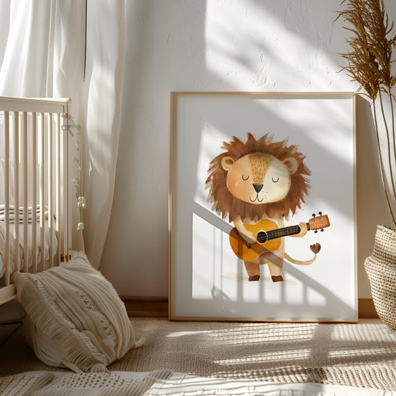Lion Plays Guitar Wall Art - Animal Playing Guitar PNG - Guitar Lover Kids - Guitar Lover Toddler - Guitar Themed Nursery - Playroom Artwork
