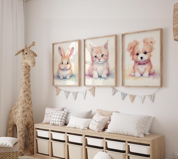 Nursery Print Set of 3 - Kitten Wall Art - Puppy Printable - Bunny Poster - Cat Kids Room Decor - Dog Baby Print - Rabbit Digital Download