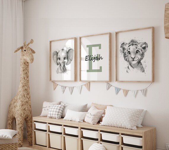 Set of 3 Jungle Animal Nursery Decor Wall Art Print| Personalized name| Safari Nursery Decor| Tiger and Elephant | Child Kids Printable
