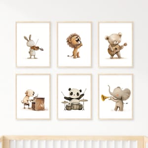 Pósteres de animales tocando instrumentos, juego de 6 impresiones para guardería, oso tocando guitarra, violín, regalos, músico, arte musical de pared, regalo musical para niños pequeños