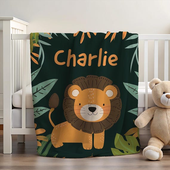 Personalized Lion Blanket with Name | Cute Lion Blanket | Safari Theme Blanket | Jungle Blanket | Green Blanket | Blanket for Baby