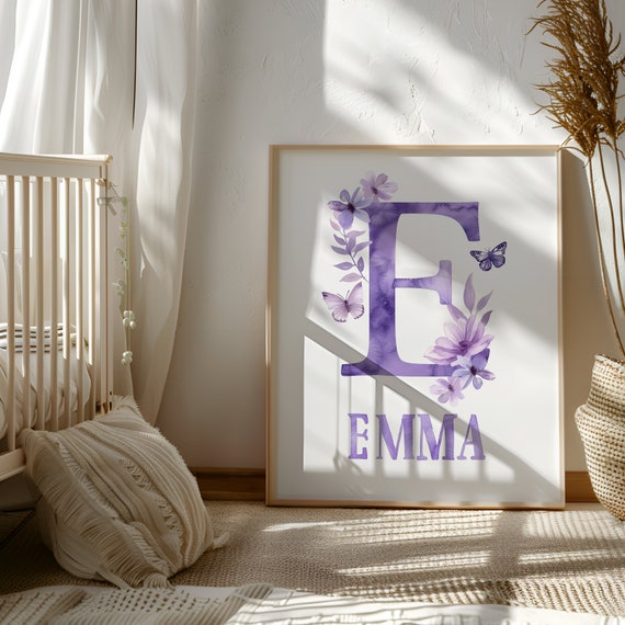 Custom Butterfly Wall Art - Purple Butterfly Printable - Butterfly Monogram - Butterfly with Name - Butterfly with Flowers Print