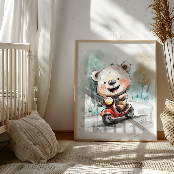 Bear Riding Bike Poster | Neutral Wall Prints | Toddler Room Decor | Gift for Kid | Kids Room Decor | Art for Nursery | Motorcycle Nursery