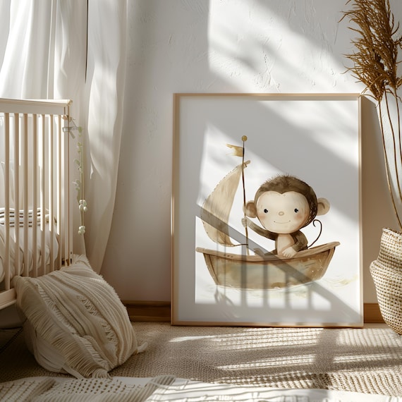 Monkey Boat Download - Explorer Themed Nursery - Monkey PNG - Boat Lover Gift - Sea Theme Nursery - Vehicles and Animals Decor - Monkey Art