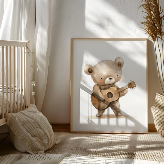 Bear Playing Guitar Nursery Decor - Guitar Nursery Theme - Artwork with Guitars for Kids - Kids Guitar Printable - Brown Bear Download