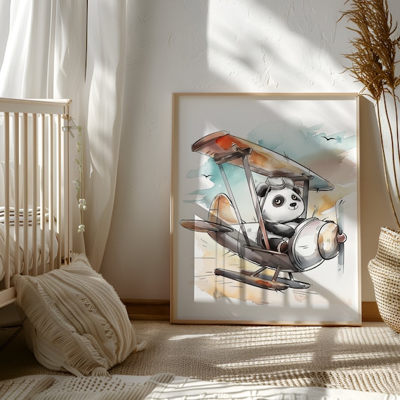Panda Flying Plane Kids Room Decor | Biplane Printable | Animal Kids Wall Art | Neutral Gallery Wall | Kids Room Wall Decor | Plane Nursery