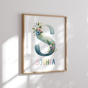 Póster personalizado con nombre e inicial y flores - Póster con la primera letra - Decoración de pared para niños - Regalo infantil personalizado
