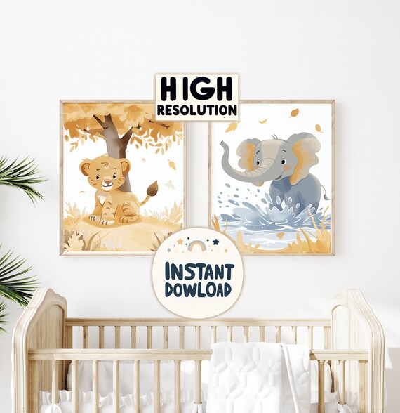Animal Wall Art - Cute Elephant and Lion Cub Prints - Nursery room decor - Wall Art for Babies and Kid Rooms - Instant Download