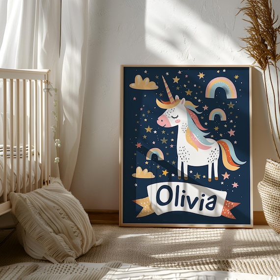 Custom Unicorn with Name | Unicorn and Rainbow Wall Art | Unicorn Poster | Personalized Girl Gift | Unicorn with Rainbow Hair