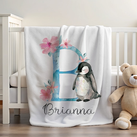 Penguin Blanket | Penguin Gift for Kids | Blanket with Letter | Personalized Blanket for Kids | Girl Gift Ideas | Gift for Toddler Girl