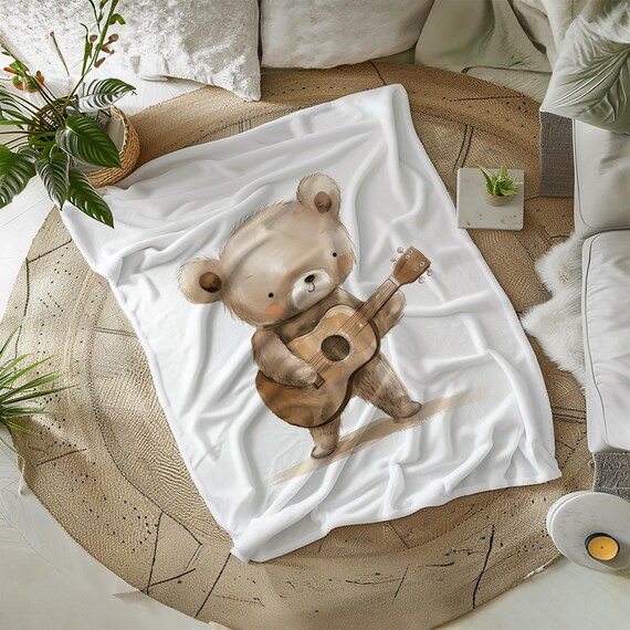 Guitar Bear Blanket | Blanket with Instruments | Blanket with Music Theme | Teddy Bear Blanket | Fun Animal Blanket | Blanket with Animal