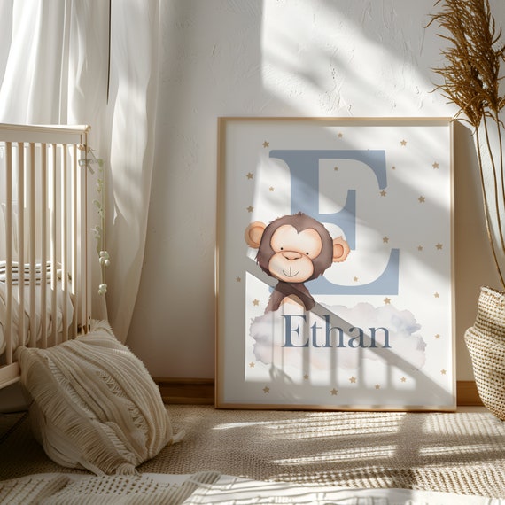 Custom Name Sign Monkey Nursery Wall Art Monkey Print for Nursery Decor Animal Name Sign Printable Nursery Art Boy Toddler Room Decor Boy