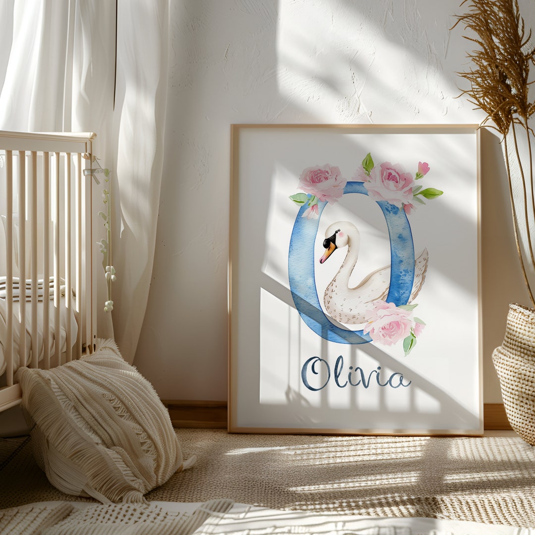 Custom Swan Print Kids Room Name Sign Little Girl Art Initial