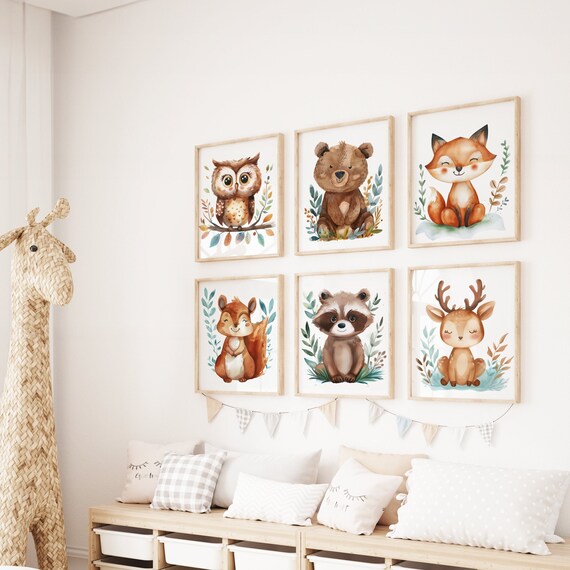 Woodland Animals Wall Art - Bear, Fox, Squirrel, Owl, Deer and Raccoon - 6 Digital Download Posters