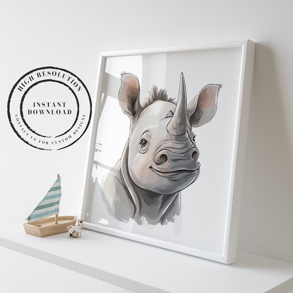 Cute Rhino Digital Print - Nursery Safari Theme - Gifts for Birthday, Baby Shower, Babies, Toddlers, Kids