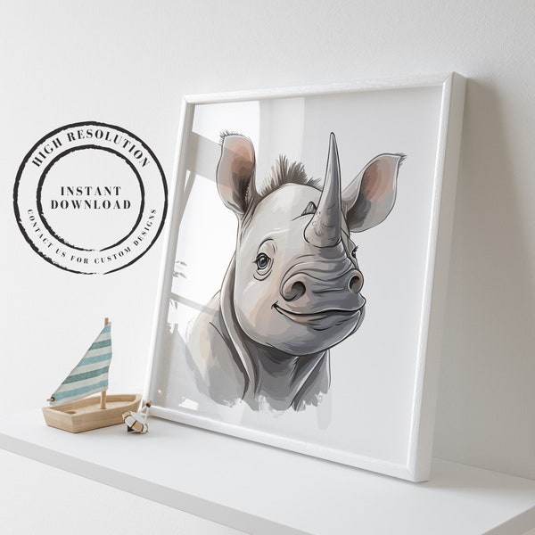 Cute Rhino Digital Print - Nursery Safari Theme - Gifts for Birthday, Baby Shower, Babies, Toddlers, Kids