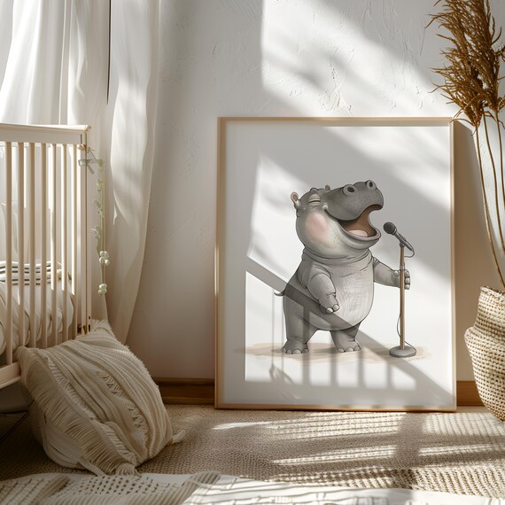 Hippo Singing Wall Decor - Hippo Lover Gift - Happy Hippo PNG - Singing Lover Kids - Singing Theme Nursery - Singer Animal Artwork
