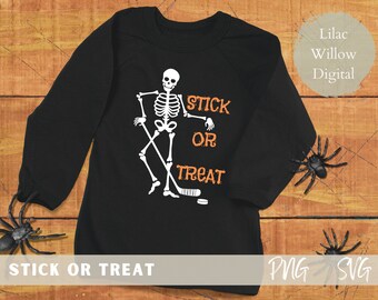 Hockey Halloween Stick or Treat Skeleton with Hockey Stick, SVG for Tshirts Hockey Quote Sports