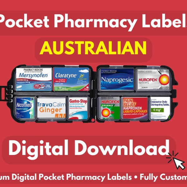 Étiquettes de pharmacie sur mesure AUSTRALIAN | Récipient à pilules, étui à pilules de voyage, étui à pilules, pharmacie de poche, étiquettes de boîtes à pilules, étiquettes de médicaments