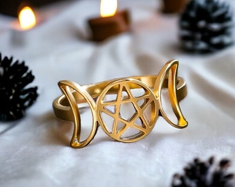 Pentacle Moon Ring | Gothic Gift, Dainty Ring, Celestial Witchy Jewelry, Silver, Gold, Stainless Steel, Triple Moon, Romantic/Gifts for Her