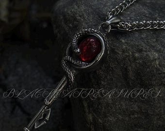 Garnet Stone Serpent Key Necklace |Gothic Boho Gift, Witchy Victorian Snake Jewelry, Whimsigoth, Dark Romance, Stainless Steel, Gift for Her
