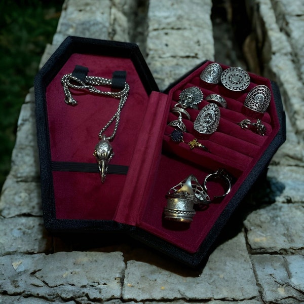 Boîte à bijoux gothique | Boîte à bagues cercueil, organisateur de bijoux victorien, doublure en velours, cadeau vampire gothique, cadeaux pour elle/anniversaire/anniversaire