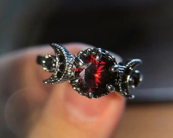 Garnet Stone Moon Ring | Goth/Emo Gift, Romantic Blood Gem Ring, Celestial Victorian Jewelry, Vampire Ring, Witchy Gifts for Her/Anniversary