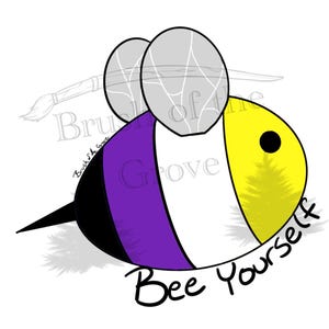 Puede incluir: Ilustración de una abeja de dibujos animados con aguijón negro, alas grises y un cuerpo dividido en secciones negras, moradas, blancas y amarillas. La frase "Bee Yourself" está escrita en escritura negra debajo de la abeja.