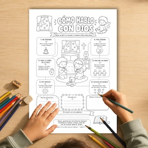 May include: A black and white printable activity sheet titled Cómo Hablo Con Dios featuring illustrations of children praying, a candle, a cross, and a teddy bear. The page includes six numbered steps for prayer, blank spaces for writing, and a Bible icon.