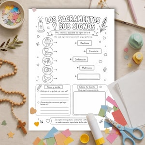 May include: A black and white educational worksheet titled LOS SACRAMENTOS Y SUS SIGNOS featuring line art illustrations of religious symbols, matching exercises, writing prompts, and a drawing box for children to color and complete.