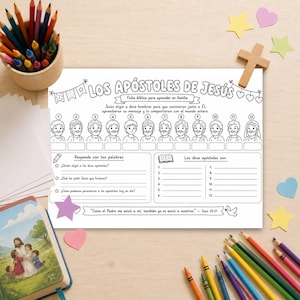Puede incluir: Una hoja de actividades en papel blanco titulada Los Apóstoles de Jesús con doce ilustraciones numeradas de hombres, líneas en blanco para escribir y preguntas en español. La hoja incluye un estandarte, corazones y una paloma.