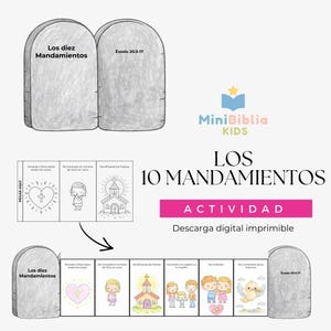 Op de afbeelding: Een geïllustreerde educatieve bron in het Spaans, met de tekst "Los 10 Mandamientos" en "Actividad". De afbeelding bevat tekeningen van de Tien Geboden, een hart, een kerk en mensen. Het product is een digitale printbare download.