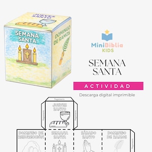 Puede incluir: Un cubo ilustrado y colorido con las palabras "Semana Santa" y "Domingo de Ramos". El cubo presenta dibujos de velas, pan y un cáliz. La imagen también incluye una versión plana y desplegada del cubo con ilustraciones y texto adicionales.