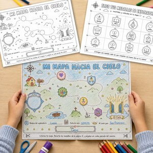 Puede incluir: Un conjunto de tres hojas de actividades imprimibles tituladas Mi Mapa Hacia El Cielo, que muestran un camino con paradas numeradas, ilustraciones de montañas, árboles y nubes, y una hoja separada con diseños de medallas para recortar y colorear.