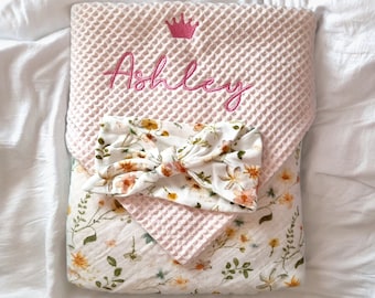 Custom Wild Flower Muslin Baby Blanket Set, Baby Keepsake, Newborn Gift, Personalised Baby Blanket, Embroidered Blanket, Custom Baby Blanket