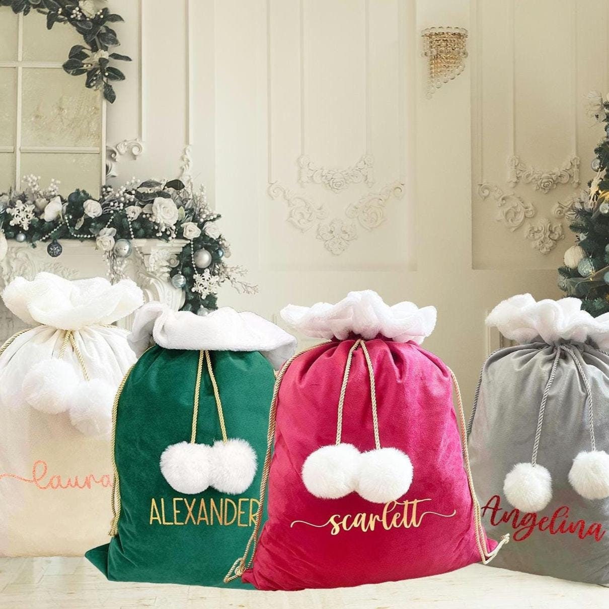 Personalized Red Green White Grey Christmas Bags Velvet Sack Sack Bags With Name Large Santa Sack Bags Xmas Gift Bag Christmas Gifts Etsy