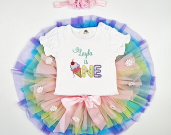 ONE Ice-cream Cone 1st Birthday Outfit Set (Puff sleeve Onesie + Rainbow tutu with bloomer + Headband), tutu outfit, 3 piece set, cake smash