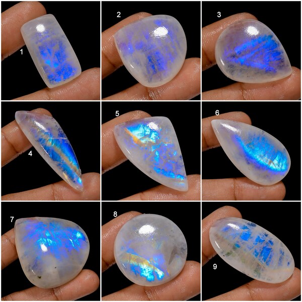 Cabochon naturel de pierre de lune arc-en-ciel, cristal de pierre de lune, pierres précieuses en vrac, pierre de lune de feu bleu pour faire des cadeaux de bijoux pour elle (comme sur la photo)