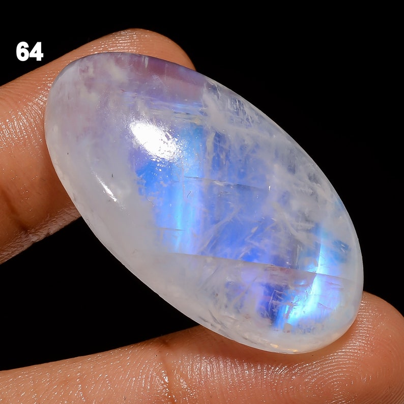 Cabochon naturel de pierre de lune arc-en-ciel, cristal de pierre de lune, pierres précieuses en vrac, pierre de lune de feu bleu pour faire des cadeaux de bijoux pour elle comme sur la photo 64. 36X20X9 mm 60Crt