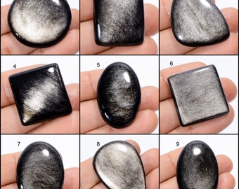 Natural Silver Sheen Obsidian Cabochon Silver Crystal Silver Obsidian Gemstone Good Quality Both Side Polished Obsidian ( Stone as picture