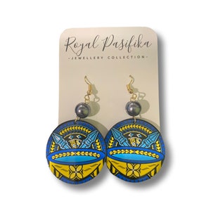 Round Blue Tribal Kava Bowl Earrings