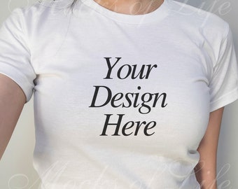 Baby Tee Mockup | Medium Close-Up Shot Selfie | Gildan 5000B | Minimalist Background | High Resolution T-Shirt Mockup | Square JPEG File